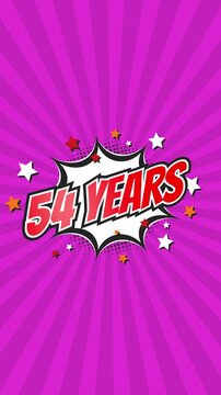 Celebratory animation for 54th fifty-fourth anniversary - 54 fifty-four years birthday. Animated text on pop colorful background with rotating rays.