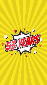 Celebratory animation for 53rd fifty-third anniversary - 53 fifty-three years birthday. Animated text on pop colorful background with rotating rays.