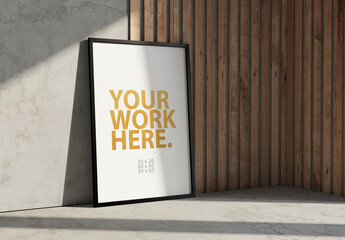 Vertical black Frame Mockup near wooden wall, 3d rendering