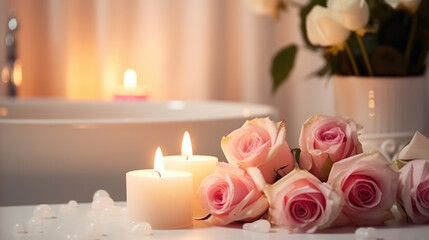 Obraz premium Elegant white bathroom interior with modern vessel sink, rose and candles. Romantic Atmosphere, Burning Scented Candles and rose., generative ai
