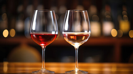 Two glasses of wine white and red standing on bar counter in pup or restaurant. Nightlife, celebration and entertainment concept. Horizontal, wide screen banner format,, generative ai