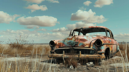 Fototapeta premium An old, broken-down car sits forgotten in a desolate wasteland.