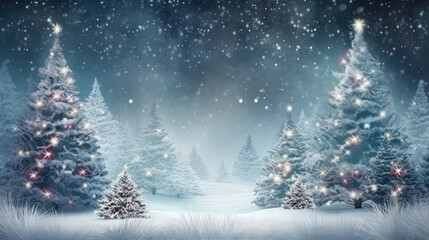 Christmas tree and snowfall in vintage style. Beautiful forest in snow landscape. Christmas and New Year holidays background., generative ai