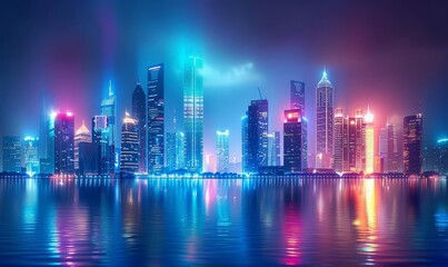 Futuristic smart city skyline, photorealistic, advanced architecture, vibrant lights, hightech infrastructure, seamless connectivity, ecofriendly design, dynamic atmosphere
