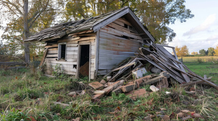 An old wooden house was carefully examined to determine the cause of its collapse.