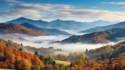 Beautiful panorama of autumn mountains. Morning fog in valley between mountain slopes. wonderful autumn landscape in mountains., generative ai