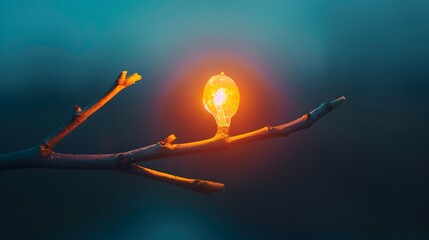 Fototapeta premium A glowing light bulb sits on a bare tree branch, symbolizing hope and new beginnings