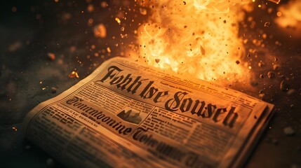 A newspaper engulfed in flames, symbolizing the power and destruction of fire. The image evokes themes of burning information, destruction, and the impermanence of knowledge.
