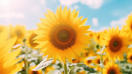 Obraz premium Background of sunflowers in a yellow field on a sunny day, generative ai