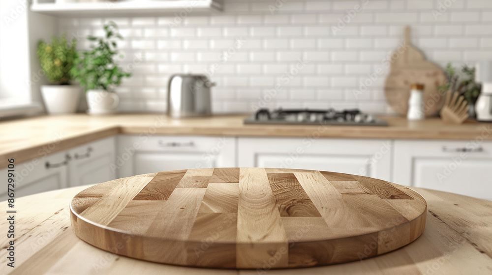 Wall mural Clean and bright kitchen background shows a beautiful round wooden tabletop counter. Ready for a product montage or banner display.