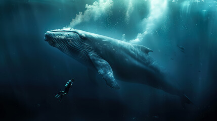 Fototapeta premium A blue whale swims underwater with a scuba diver near the surface. The concept of marine life, human exploration, and the majestic beauty of ocean giants. Generative AI.
