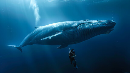 Naklejka premium A blue whale swims underwater with a scuba diver near the surface. The concept of marine life, human exploration, and the majestic beauty of ocean giants. Generative AI.
