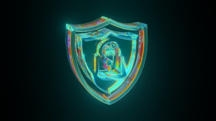 Bluish Green Glowing Shine Shield Lock Symbol 3D Rendering with Glass Dispersion Texture Effect