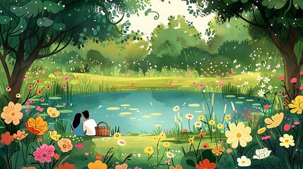 A whimsical illustration of a couple enjoying a picnic in a picturesque park for National Girlfriend Day The scene is filled with vibrant flowers, a picnic basket, and a serene pond, with ample copy
