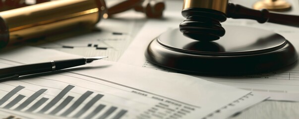 Legal contract with a bank logo, signed with a pen, placed on a polished desk alongside financial charts and a gavel, symbolizing the intersection of banking and legal