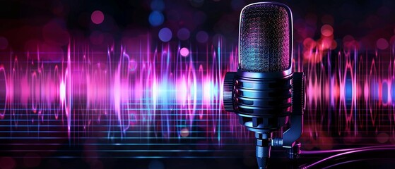Artistic podcast microphone with colorful sound waves, abstract background, creativity, dynamic audio visualization