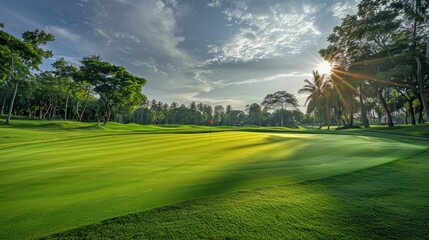 Obraz premium The meticulously maintained golf green beckons golfers to tee off and indulge in the game.