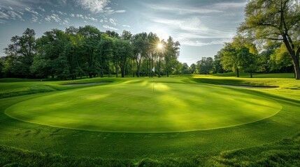 Obraz premium The meticulously maintained golf green beckons golfers to tee off and indulge in the game.