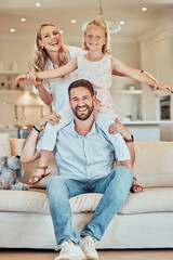 Fun, love and portrait with family on sofa in living room of home together for bonding or child...