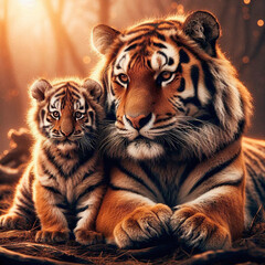 Obraz premium Two tiger cubs in the forest. Tiger family in the wild.