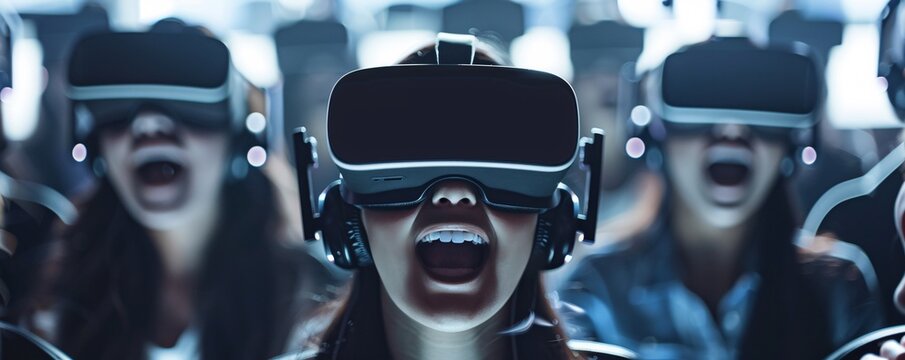 An immersive advertisement for a new virtual reality headset, demonstrating various VR experiences, from gaming to travel to educational content, with close-ups of the headset and users' reactions