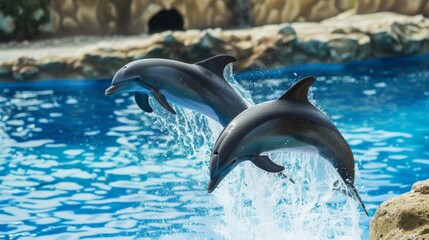 Fototapeta premium Two Dolphins Leaping Out of the Water