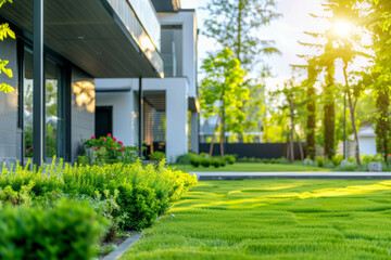Fototapeta premium Beautifully maintained backyard lawn bathed in sunlight near residential building. Backyard of modern house with large glass windows and lush greenery