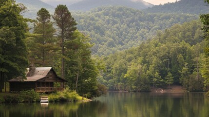 Obraz premium A secluded cabin nestled among the serene beauty of a peaceful lake and dense woods, with the towering summits and rugged cliffs in the background creating a perfect retreat
