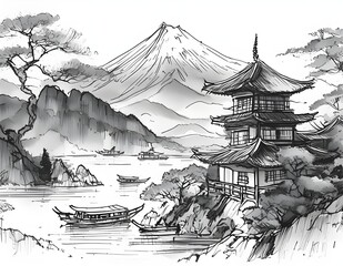 Trees and traditional building on white background.