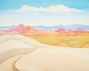 Naklejka premium Watercolor illustration, Serene desert vista featuring a bright, rolling rainbow dunes, and a calm horizon