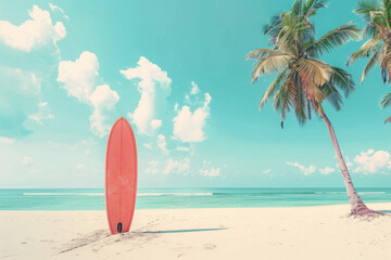Surfboard on sandy tropical beach with palm trees under clear blue sky. Water sports during summer vacation