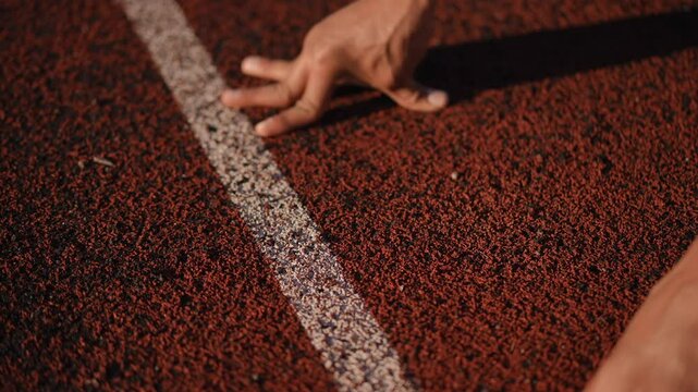 Close-up. The starting line on the stadium running track and the male athlete's hands in front of it
