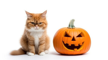 Angry funny ginger cat with Halloween pumpkin carved, isolated on white background. Kitten and pumpkin on white. Halloween holidays. Autumn season. October. Autumn mood., generative ai
