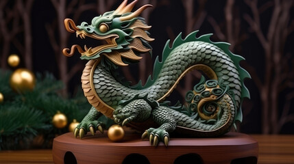Green wooden dragon symbol 2024. New Year and Christmas concept . Chinese new year 2024 year of the green Wood dragon,, generative ai