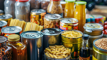 Essential food supplies for donation, including pasta, oil, and canned goods.