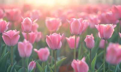 vibrant field of pink tulips stretching to horizon , Generative AI