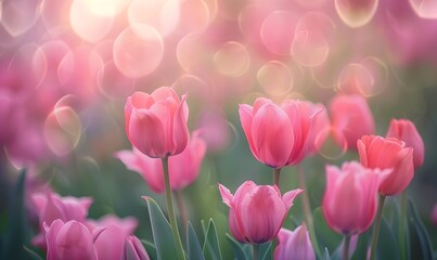 vibrant field of pink tulips stretching to horizon , Generative AI