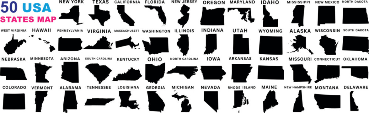 USA states map silhouette, America state map vector outline of all 50 states of united states of America for geography, educational, learning tool