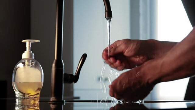 Man Washing His Hands in the Kitchen.Daily Cleaning -4K Resolution