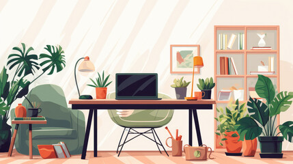 Cozy freelancer's winter work place at home. Work place at home. Minimalism style and modern interior inside with plants., generative ai
