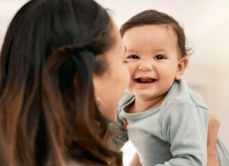 Smile, mother and portrait of baby laughing, playing and family bonding in home together. Mom,...