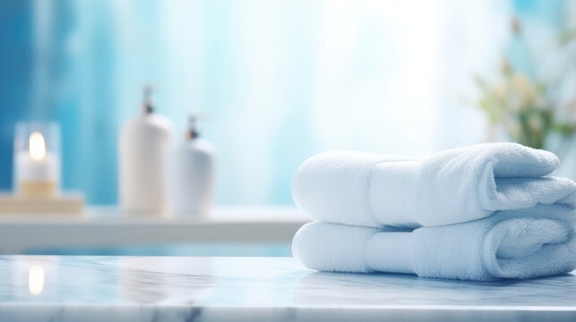 Blurred bathroom interior background and blue spa towels on white marble desk, generative ai