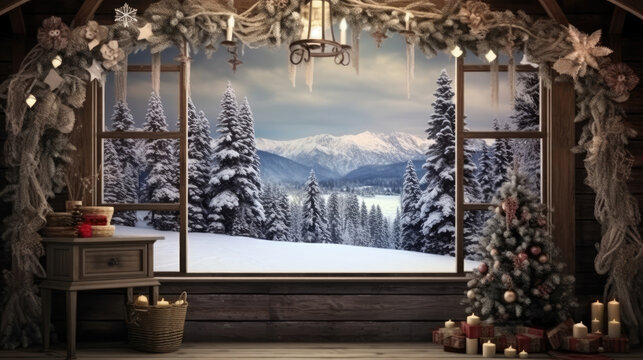 Fairy View through the window of a cottage into a snow-covered winter mountains and forest. Snowy christmas nature background. For product display, generative ai