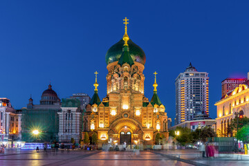 Fototapeta premium Night view of Saint Sophia Church in Harbin, Heilongjiang Province, China.