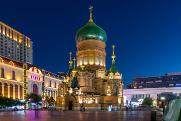 Night view of Saint Sophia Church in Harbin, Heilongjiang Province, China.