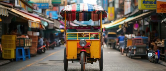 Obraz premium A colorful pedicab navigating through bustling city streets, offering a unique mode of transport