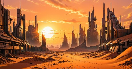 Naklejka premium desert sci-fi cyberpunk city at sunset. futuristic dystopian town buildings and tall towers on the horizon. abandoned ghost town.