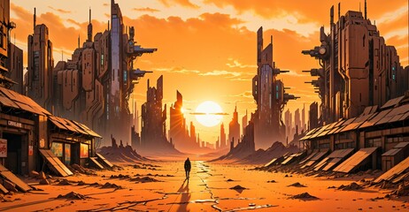 Naklejka premium desert sci-fi cyberpunk city at sunset. futuristic dystopian town buildings and tall towers on the horizon. abandoned ghost town.
