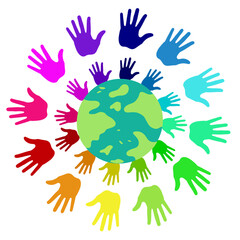A group of children holding hands and forming a circle around a globe , Protecting environment. world peace concept,