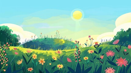  Idyllic Summer Meadow. Bright Sun, Lush Green Hills, and Vibrant Wildflowers
